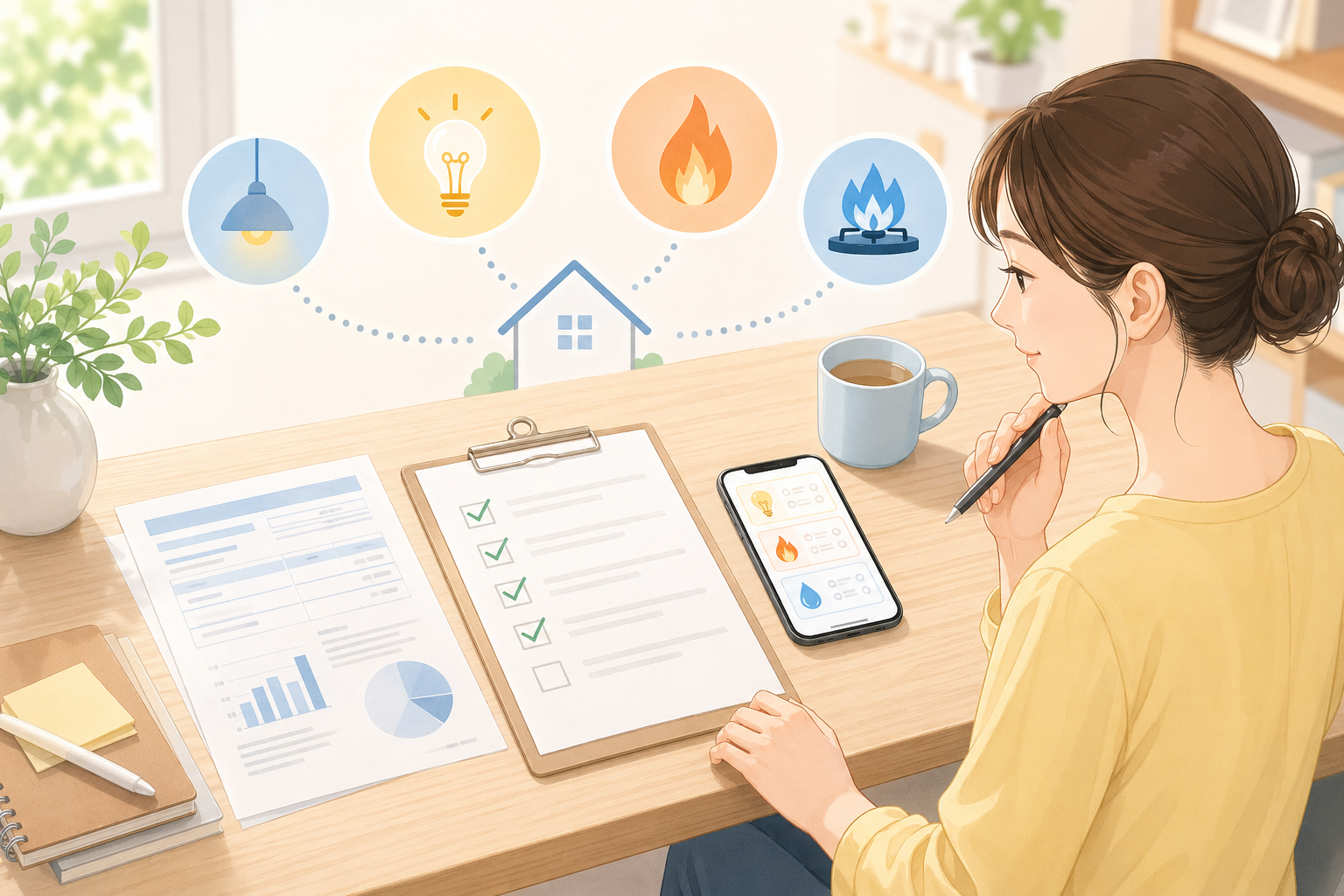 電気とガスの見直し前に請求書やチェックリストを確認するイメージ