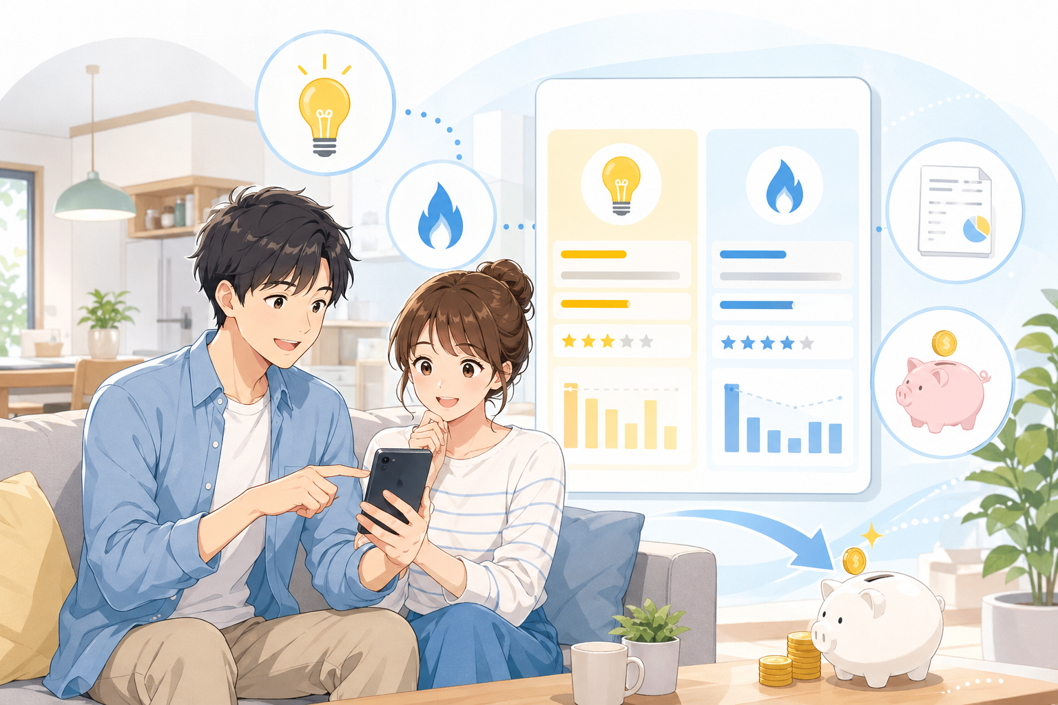 家族がスマホで電気とガスの比較を確認するイメージ